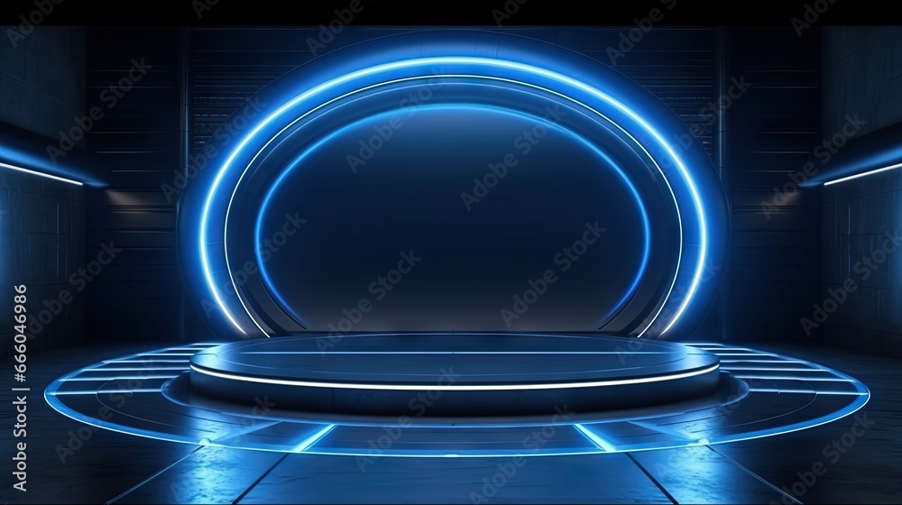 Aufkleber neon glowing circle empty stage laser beams studio lights dark sci fi futuristic retro concrete spac