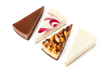 Assorted cheesecake pieces, chocolate, vanilla New York, strawberry, caramel. isolated on white or invisible png background