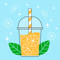 Orange juice in a plastic cup with a juice straw. Vector illustration