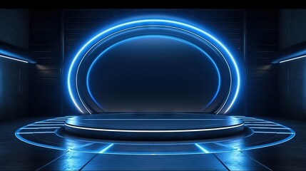 Neon Glowing Circle Empty Stage Laser Beams Studio Lights Dark Sci Fi Futuristic Retro Concrete Spaceship Garage Showcase Blue 3D Rendering Illustration