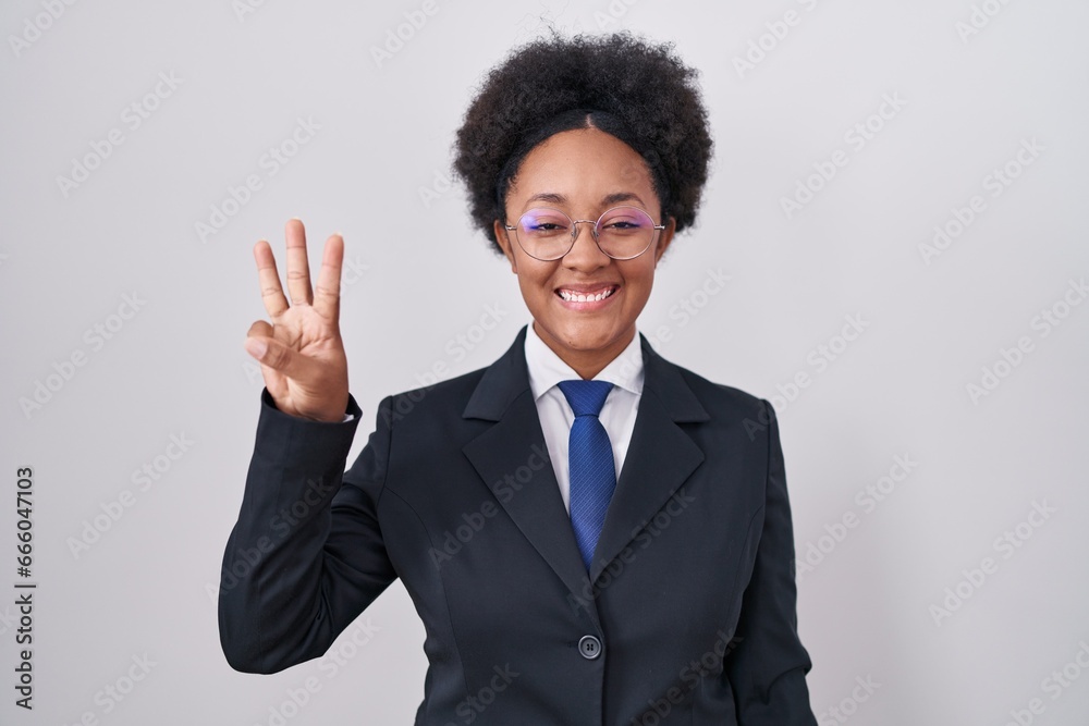 Poster beautiful african woman with curly hair wearing business jacket and glasses showing and pointing up 