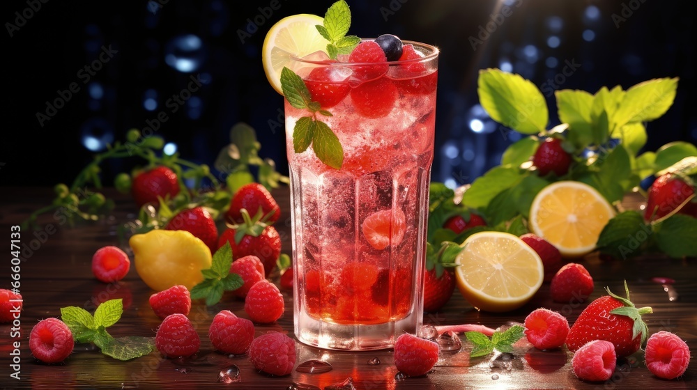Aufkleber spring or summer refreshing cold cocktail or mocktail with berries and lemon, raspberry lemonade