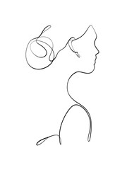 A portrait of a woman is drawn in single line style. Printable art.