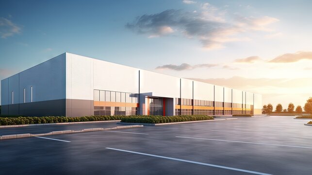 Modern new factory building with empty asphalt floor. 3d rendering