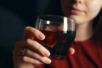 Woman glass cola drink. Hand person drink sweet liquid. Generate Ai