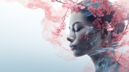 A beautiful woman's face mixed with an image of cherry blossoms. Women's beauty, fragrances and cosmetics.