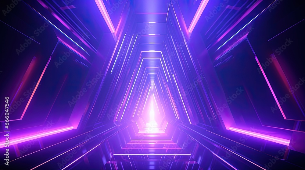 Poster 3d render, abstract geometric background with shapes and neon lines glowing in ultraviolet light