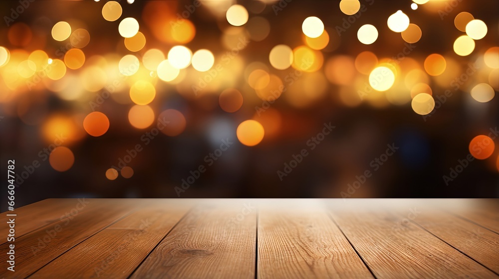 Poster empty wooden table top with lights bokeh on blur restaurant background.