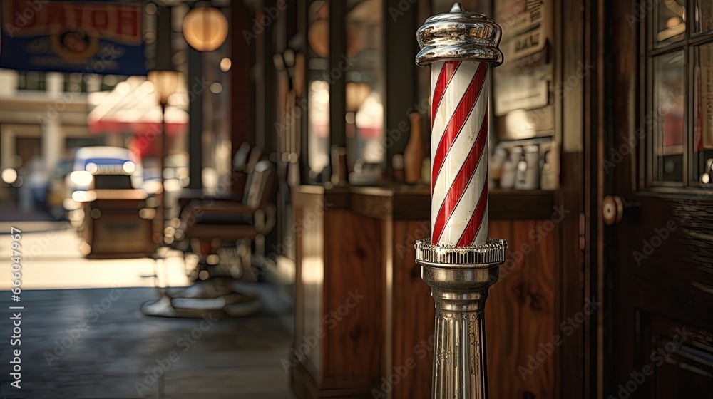 Sticker Vintage barbershop pole with the barbershop sign in the background.