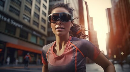 Running in the city with smart glasses. Augmented reality, app showing map, calories and speed onto a lens.