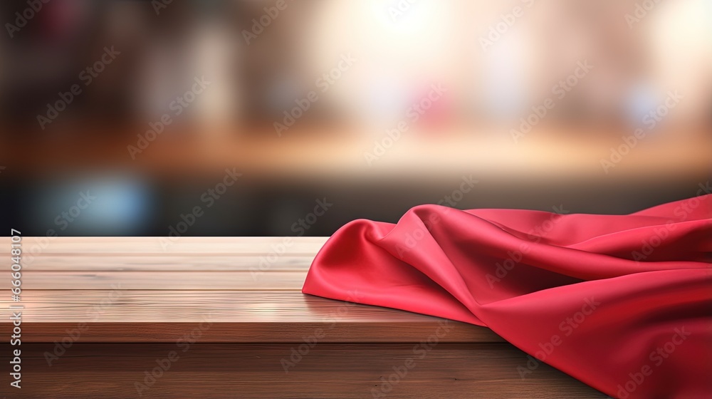 Aufkleber red fabric,cloth on wood table top on blur kitchen counter (room)background.for montage product disp
