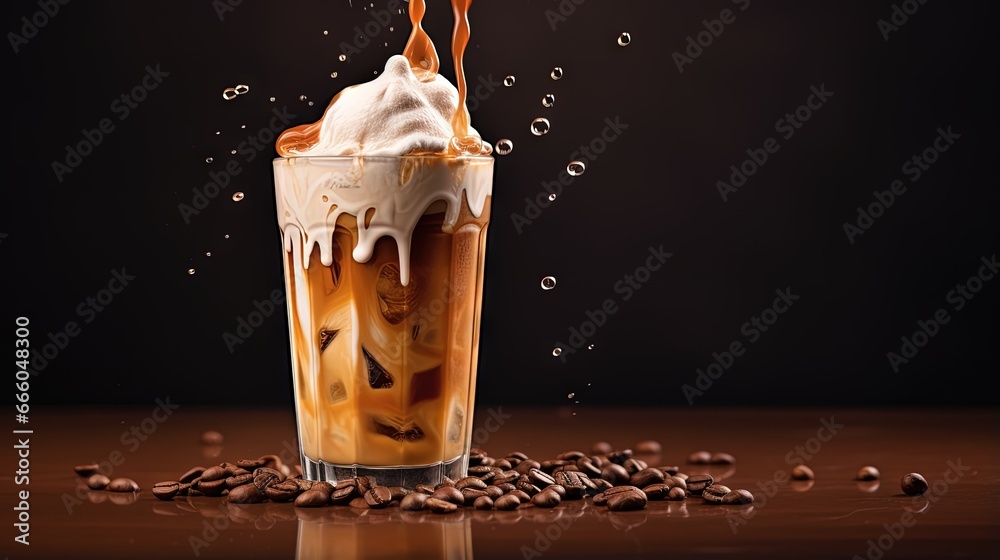 Poster ice coffee latte with cream being poured into it showing the texture and refreshing look of the drin