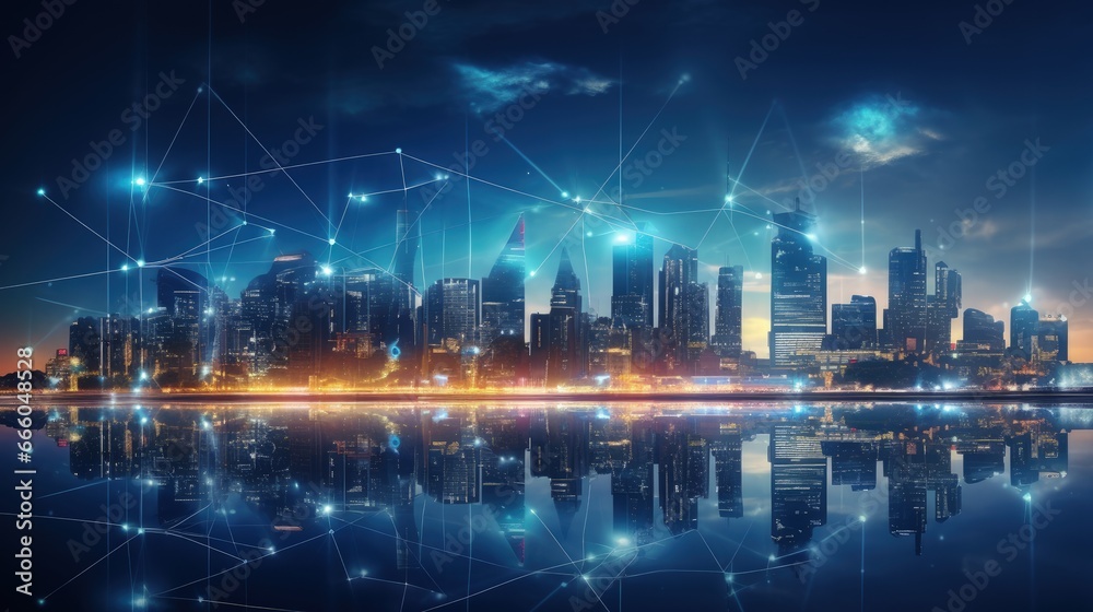 Poster line of cityscape and communication network illustration concept. telecommunication. iot (internet o