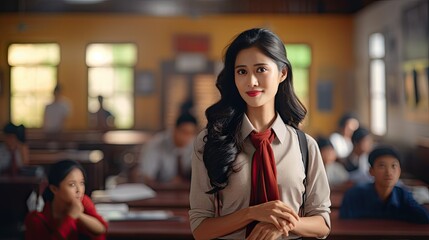 Portrait of a young Asian female teacher in a classroom