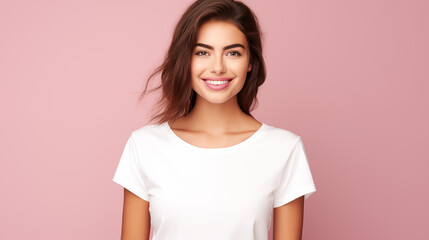 Young smiling caucasian woman wearing blank white t-shirt isolated on a pink background. AI