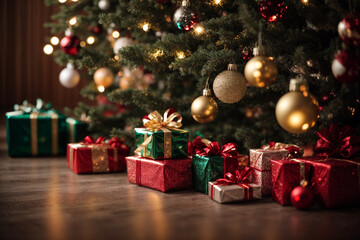 Fototapeta na wymiar Christmas trees with bulb decorations, gifts
