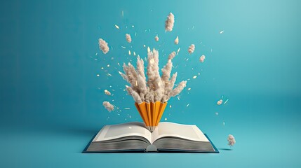 Minimal background for online education concept. Launching pencil rocket and open book on blue background. 3d rendering illustration. Clipping path of each element included.