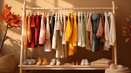 Wooden Clothing Rack with children's autumn outfit. Dress, jacket and sweaters on hangers in wardrobe close up. Nursery Storage Ideas. Home kids wardrobe.