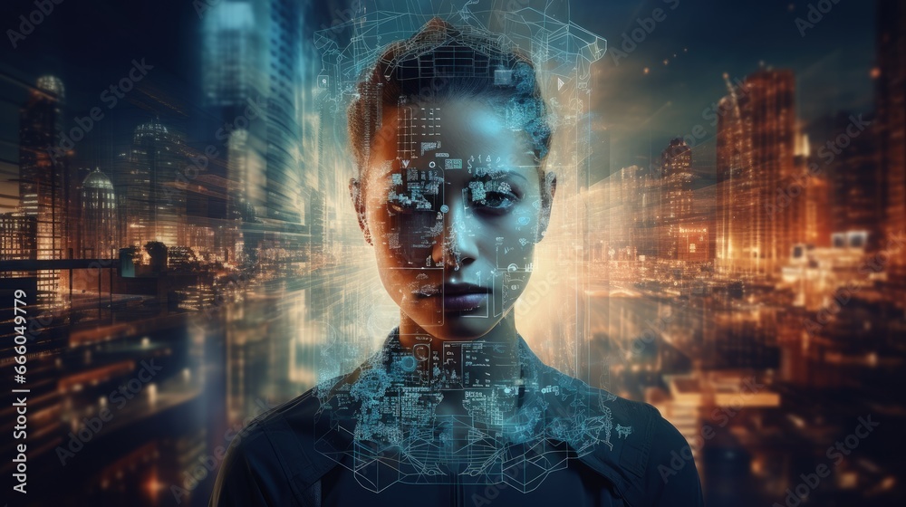 Aufkleber double exposure image of virtual human 3dillustration on world map and learning technology background represent learning process.