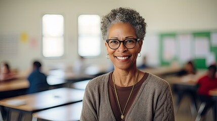 Portrait of a senior African American female teacher in a classroom - obrazy, fototapety, plakaty