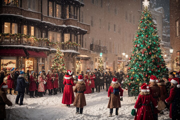 Obraz premium Christmas Winter Festival along trees and gifts, Christmas background concept 