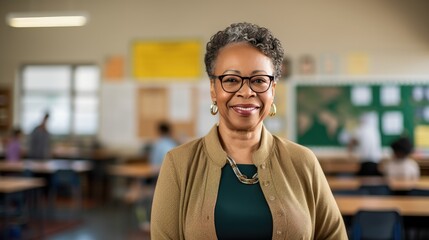 Fototapeta premium Portrait of a senior African American female teacher in a classroom