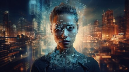 double exposure image of virtual human 3dillustration on world map and learning technology background represent learning process.