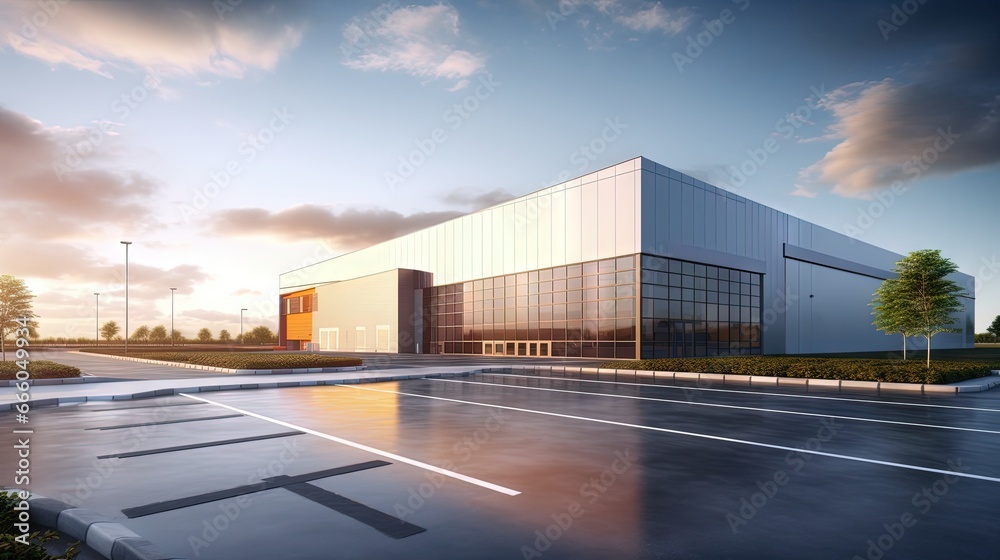 Wall mural modern new factory building with empty asphalt floor. 3d rendering