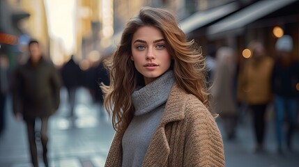 Young woman with cropped head in the grey knitted cozy sweater and brown coat walking on the street. Outdoor portrait in daylight. Warm winter clothes concept - obrazy, fototapety, plakaty