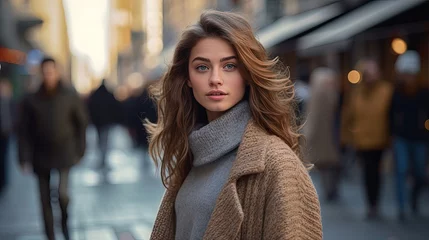 Tuinposter Young woman with cropped head in the grey knitted cozy sweater and brown coat walking on the street. Outdoor portrait in daylight. Warm winter clothes concept © HN Works