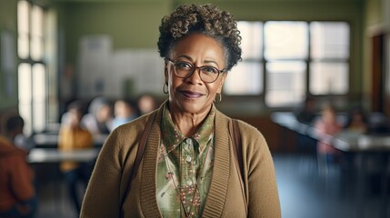 Portrait of a senior African American female teacher in a classroom