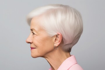 Portrait of mature woman posing in profile on grey background isolated