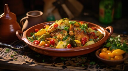 Moroccan tagine served chicken meat tajine local traditional dish recipe with ingredients learn how to cook cooking class book school in Marrakech Morocco - obrazy, fototapety, plakaty
