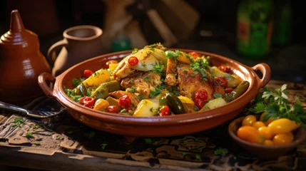 Papier Peint photo Maroc Moroccan tagine served chicken meat tajine local traditional dish recipe with ingredients learn how to cook cooking class book school in Marrakech Morocco