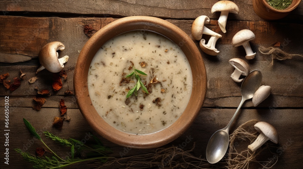 Poster mushroom soup with dried porcini mushrooms, bay leaf and pepper on rustic table texture background. 