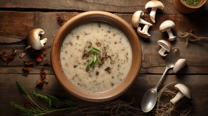 Mushroom soup with dried porcini mushrooms, bay leaf and pepper on rustic table texture background. View from above.
