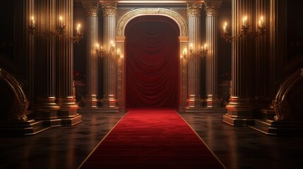 Pathway for triumph is a path delimited by an illuminated red carpet, red rope barrier and golden supports. Beyond the door there is a white illuminated environment that projects its light in the room - obrazy, fototapety, plakaty
