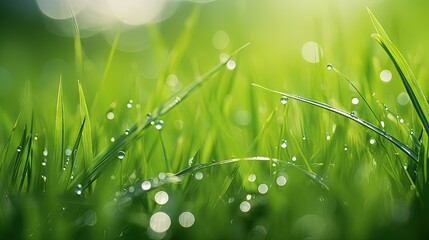 green fresh grass in morning dew with natural bokeh