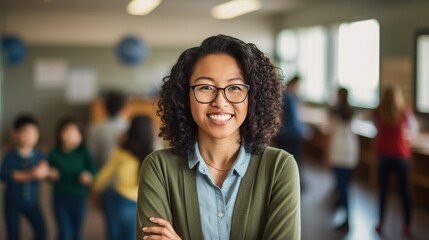 Portrait of a young African American female teacher in a classroom