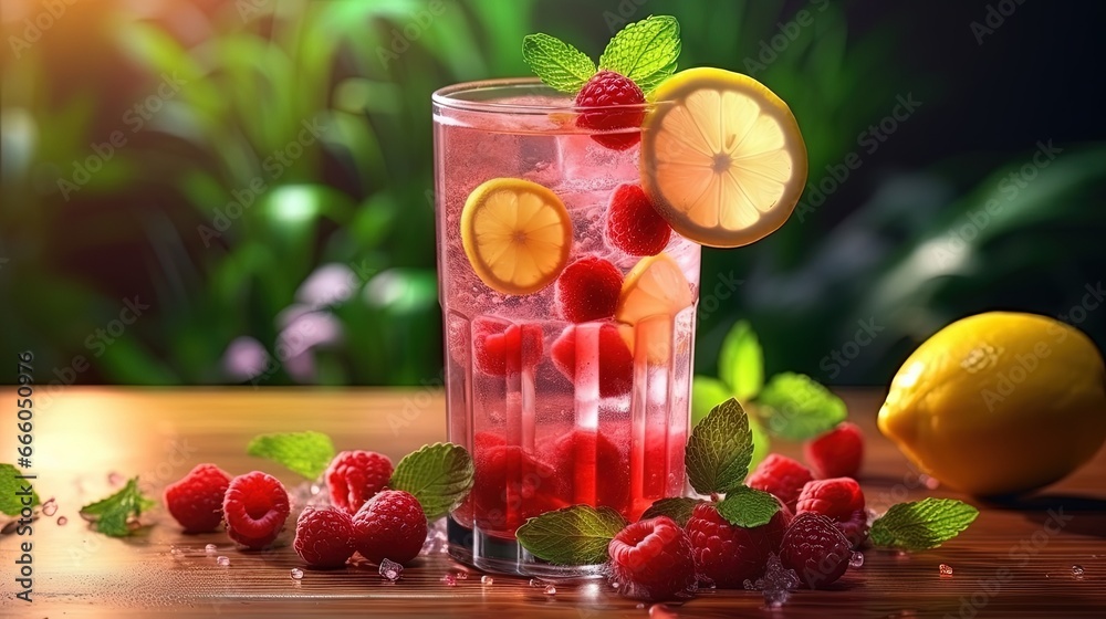 Leinwandbilder spring or summer refreshing cold cocktail or mocktail with berries and lemon, raspberry lemonade