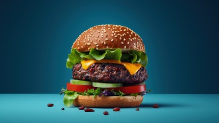 Vegan burger on a white table and with a dark blue background. Vegetable meat. Ready to eat.