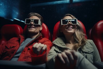 Young couple watching movie in cinema in glasses. Spectator relationship theater seat. Generate Ai - obrazy, fototapety, plakaty