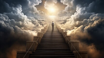 Stairway to heaven. Shot of a man on a stairway leading up to heaven. - obrazy, fototapety, plakaty