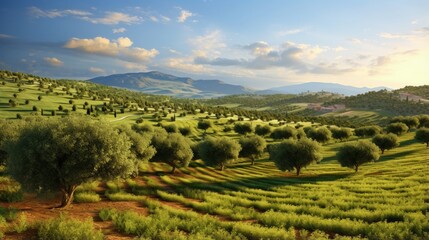 Fototapeta premium Green olive trees farmland, agricultural landscape with olives plant among hills, olive grove garden, large agricultural areas of olive trees