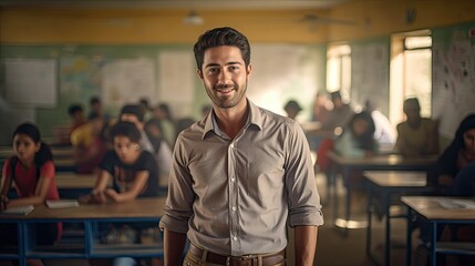 Obraz premium Portrait of a mid adult male teacher in a classroom