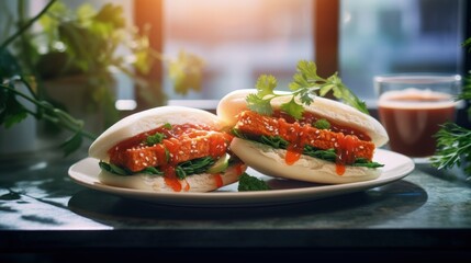 Two Vegan bao sandwich with tofu, kimchee and parsley on glass table in cafe healthy vegetarian food - obrazy, fototapety, plakaty