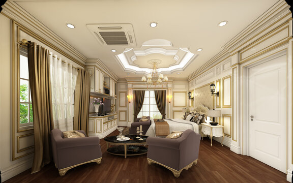 3d render illustration master bedroom of the house needs luxury with gold trim to add luxury