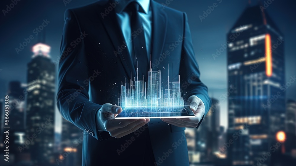 Poster fintech concept image. man suit holding tablet abstract building for background.