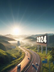 new year 2024, a picture of a highway in the middle of nature, copy space background ,generative ai art