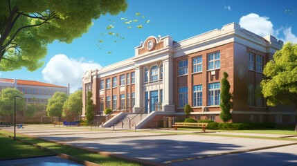 View of typical American school building exterior - obrazy, fototapety, plakaty